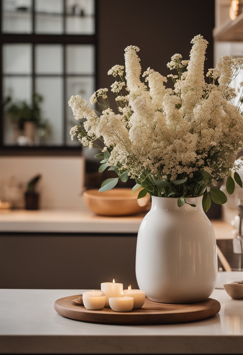 A white vase with flowers on a kitchen counter.