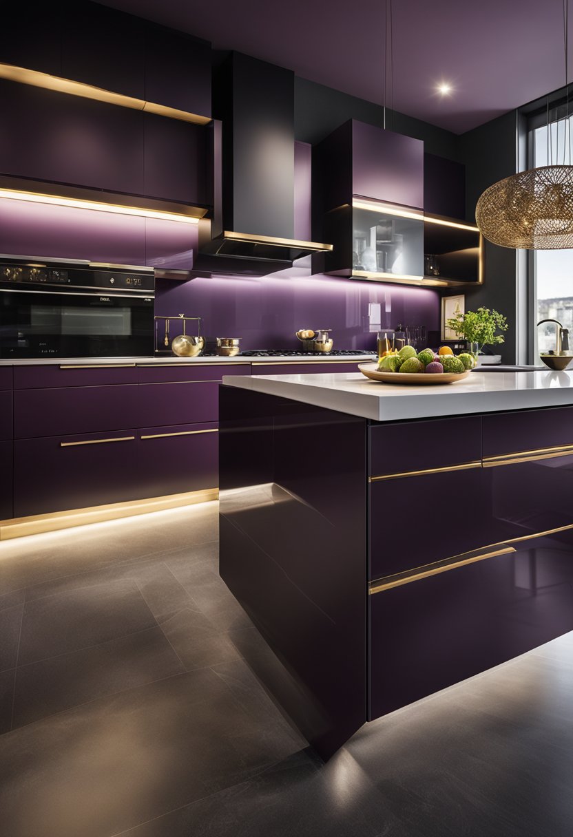 A kitchen with aubergine cabinetry.