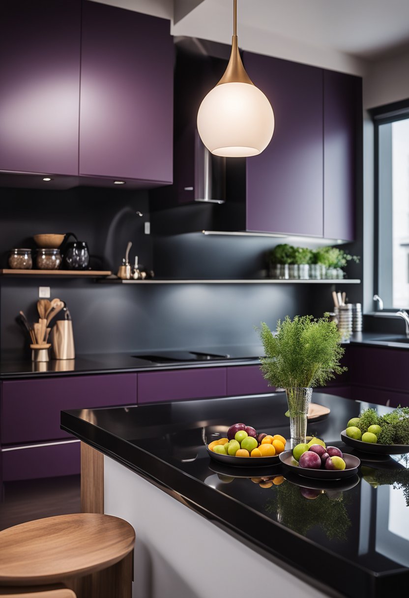 An aubergine kitchen with black countertops.