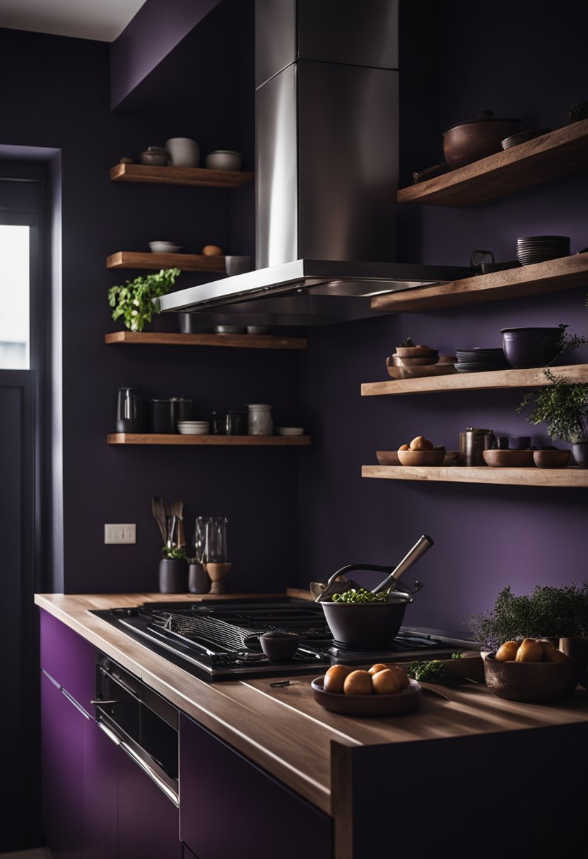 A dark aubergine kitchen with dark, moody natural light.