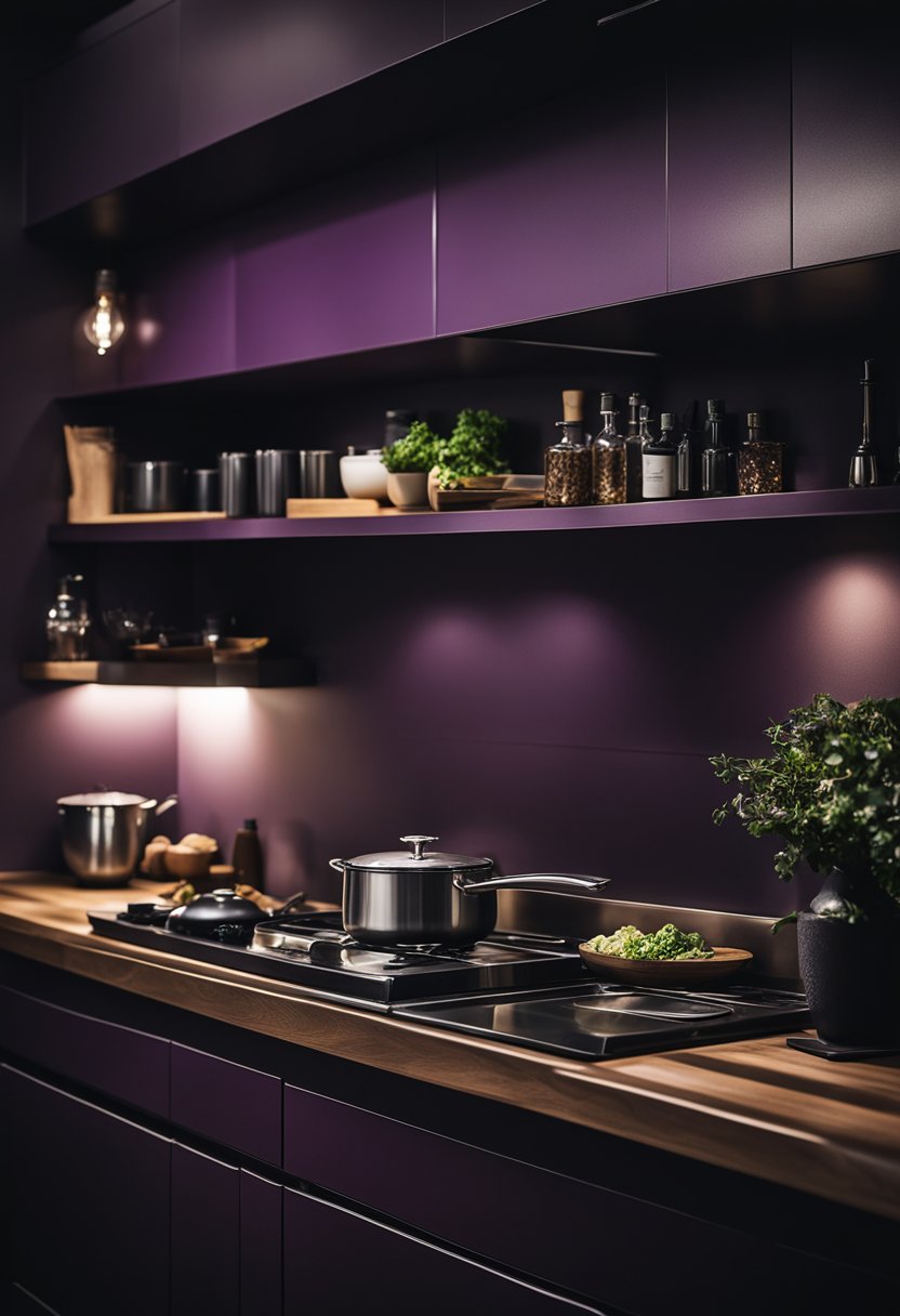 A sleek aubergine kitchen with some open shelving.