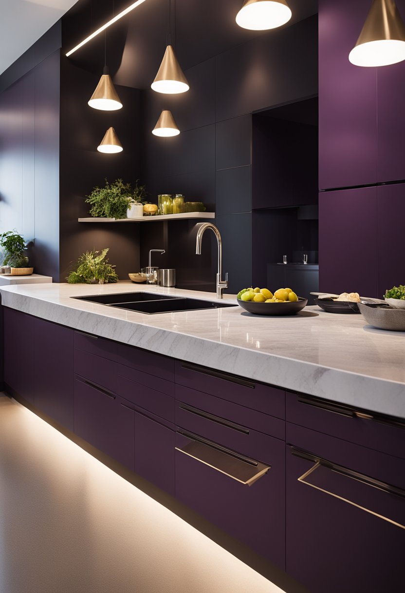 A dark aubergine kitchen with mixed metal accents.