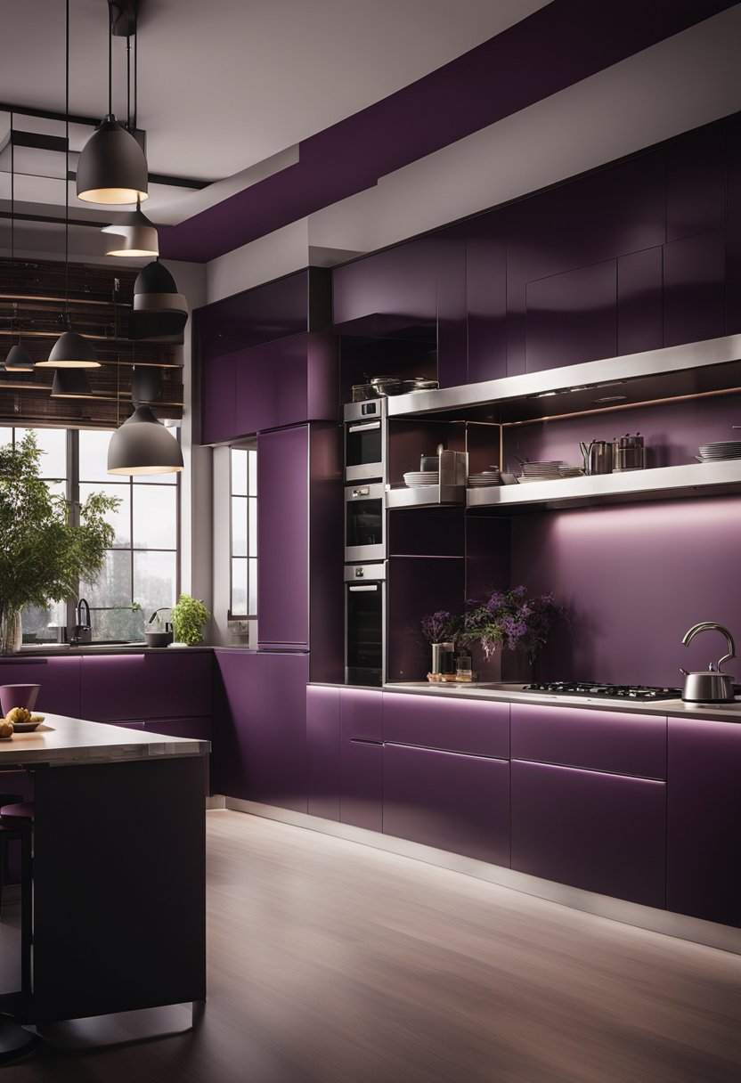 A purple kitchen with wooden floors.