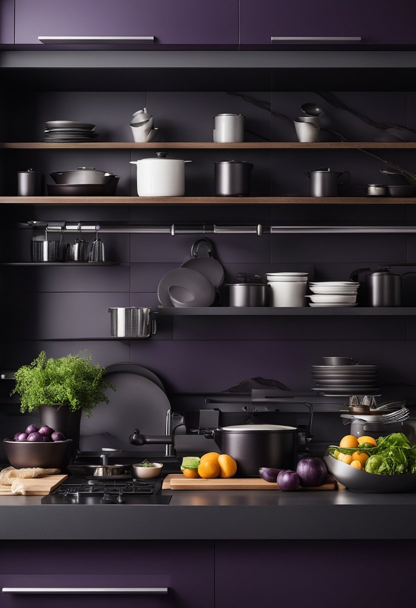 A dark purple kitchen with fruits and vegetables on the counter.