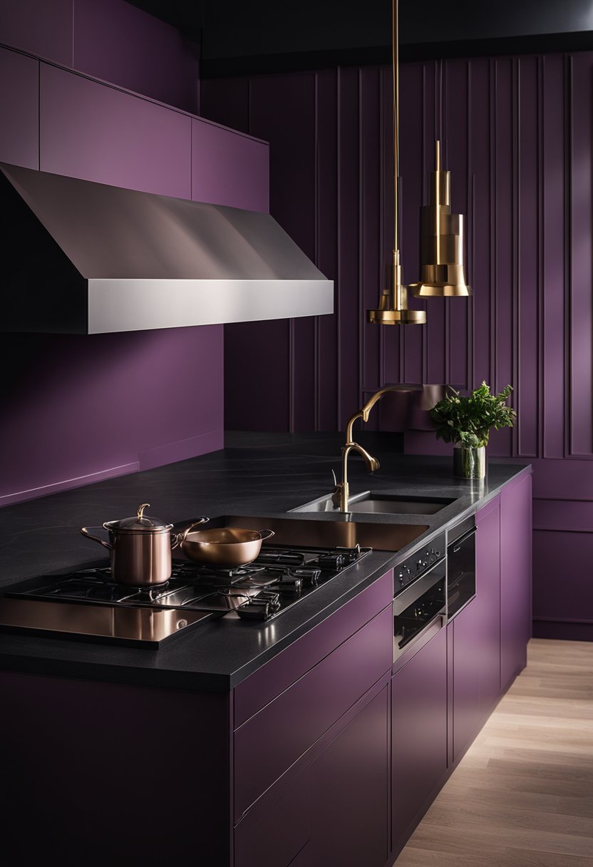 A purple kitchen with brass accents.