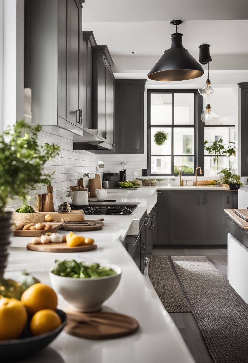 A dark gray kitchen with white countertops.