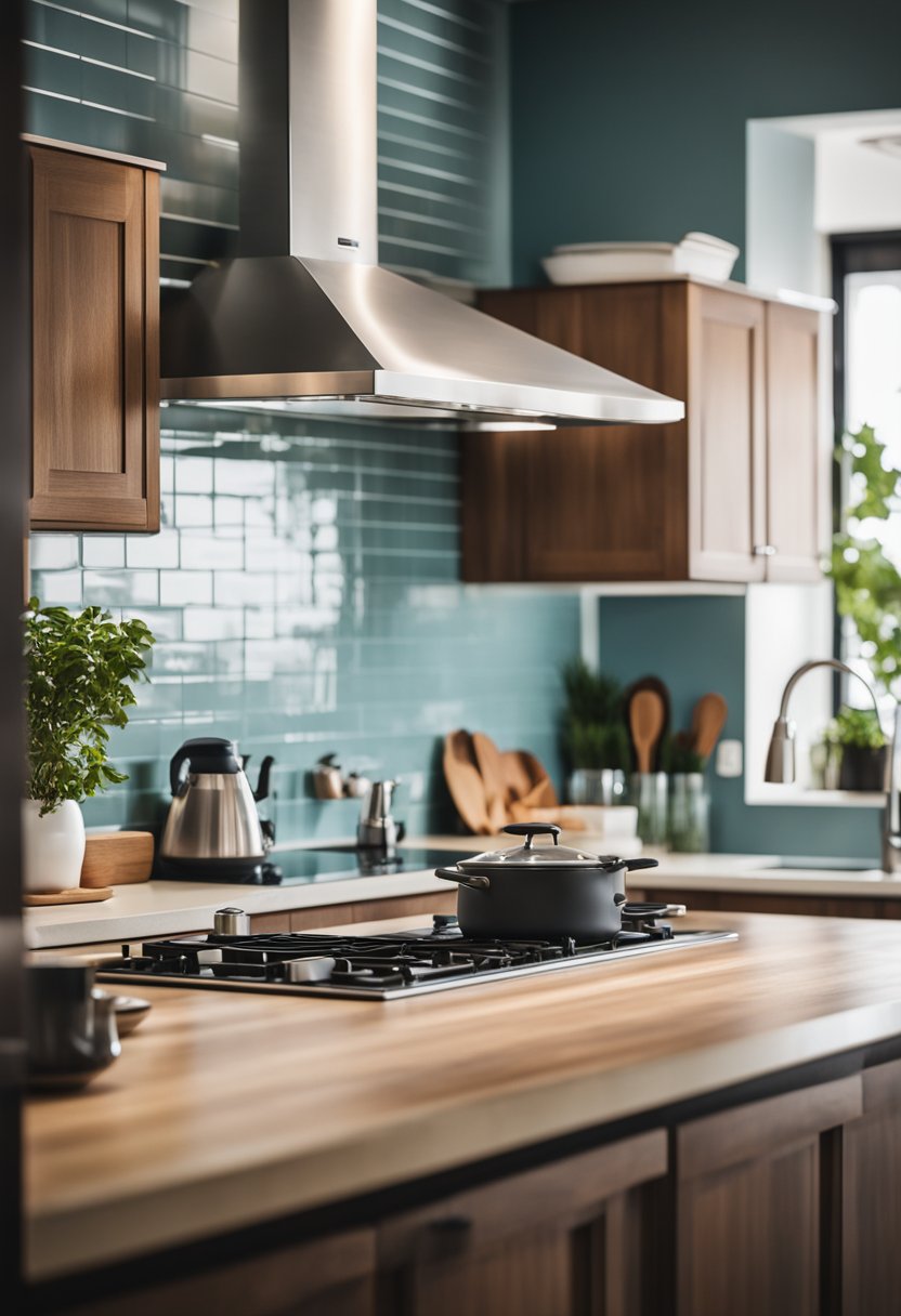 A light blue kitchen with an island.