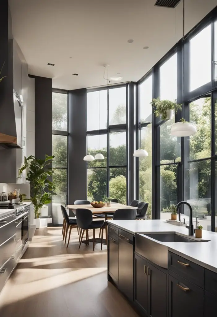 An open concept kitchen with a large window