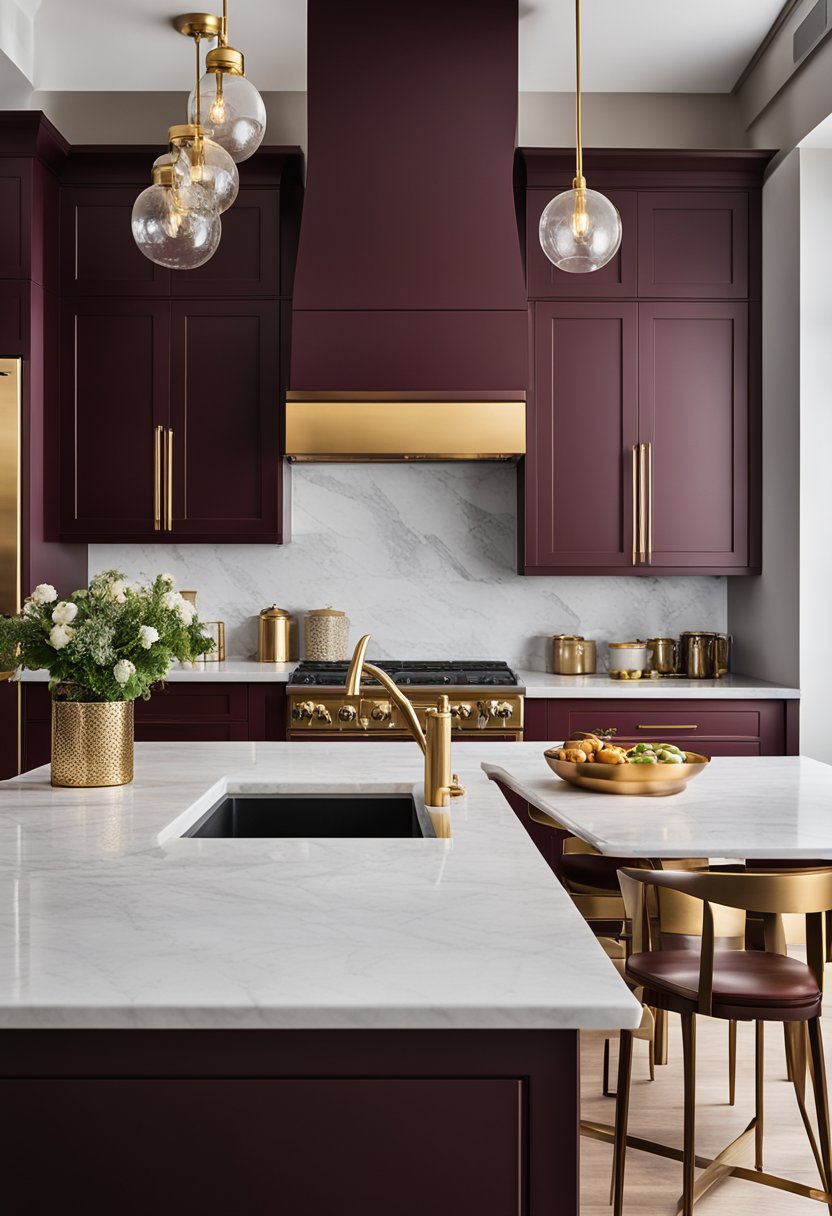 A kitchen with burgundy cabinets and gold hardware.