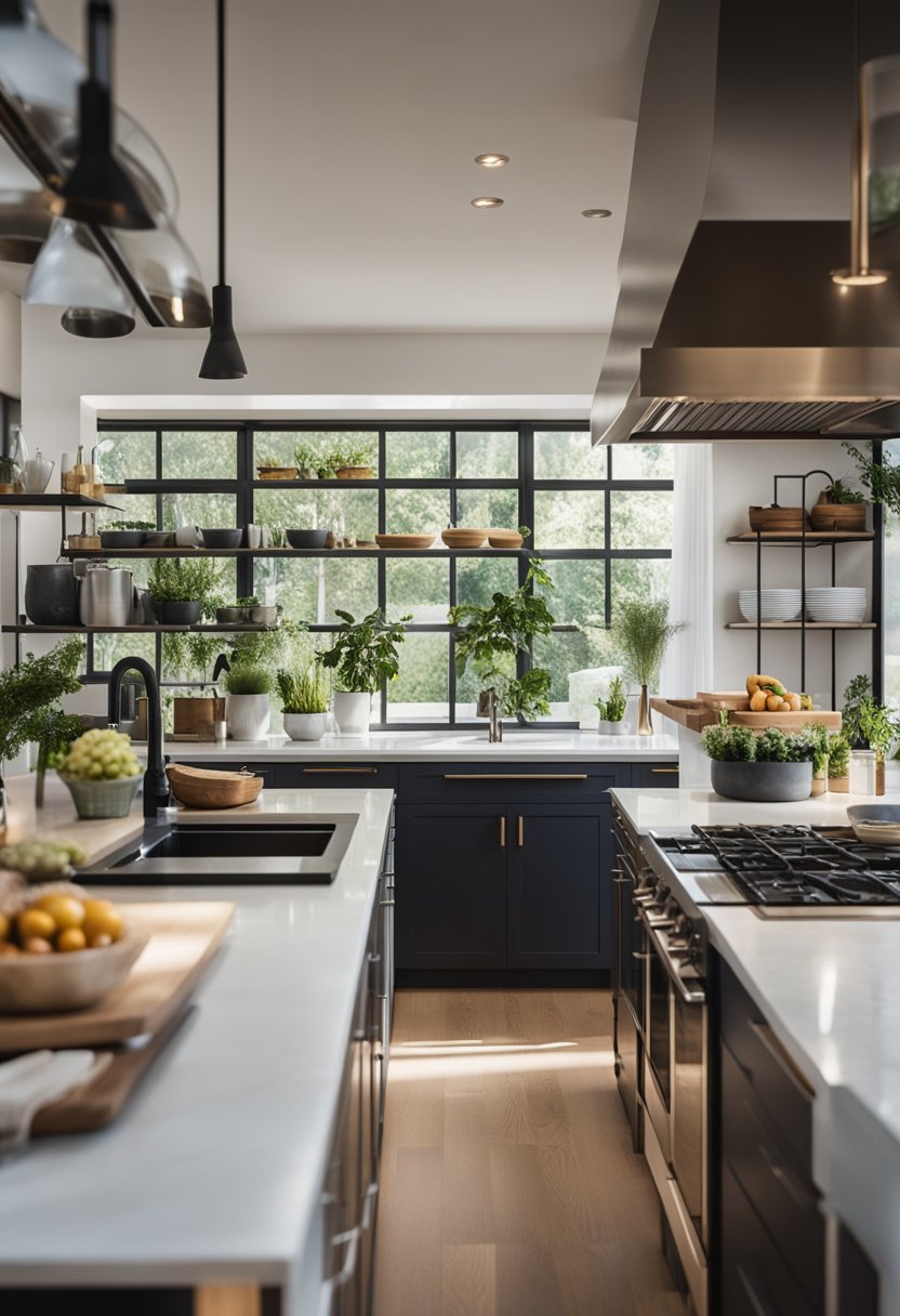 A kitchen with a large paned window.