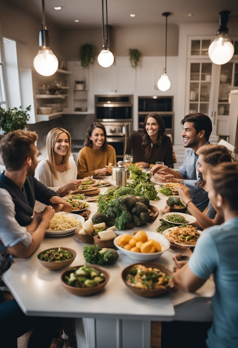 People sitting around a kitchen island eating a meal.