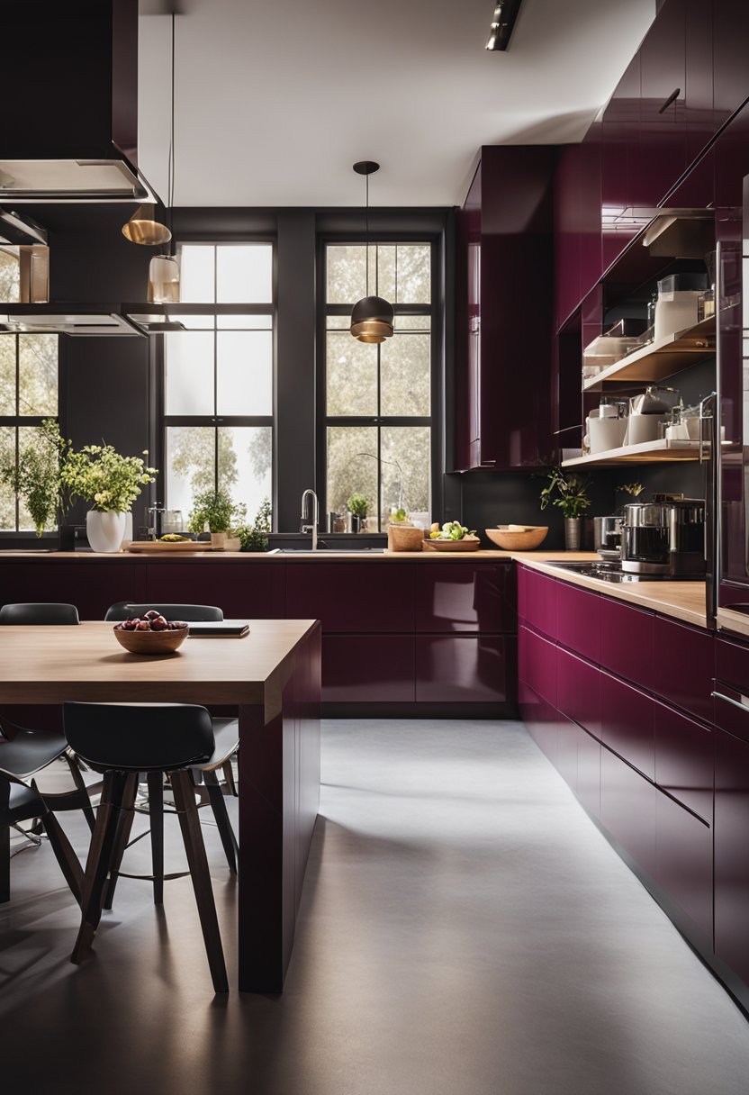 A large kitchen with burgundy cabinets.