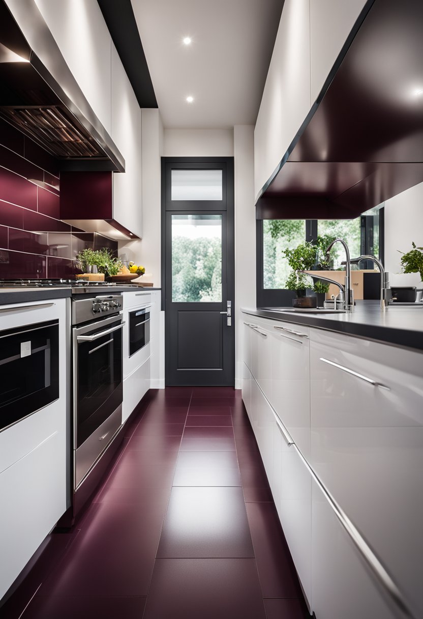 A galley kitchen with white cabinets and a burgundy tile floor.