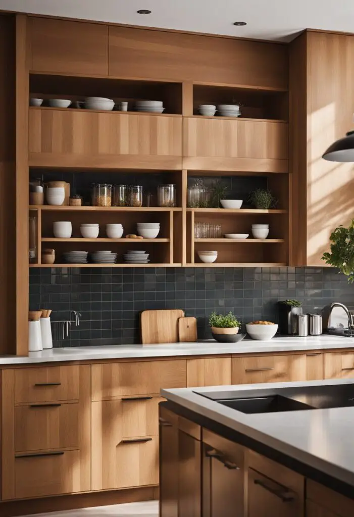 A kitchen with wooden cabinets and dark tile backsplash.
