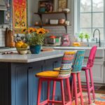 A bright and cheerful kitchen with a blue island, topped with a vase of sunflowers. The colorful, patterned bar stools and vibrant decor on the walls add to the lively, eclectic atmosphere of the space.