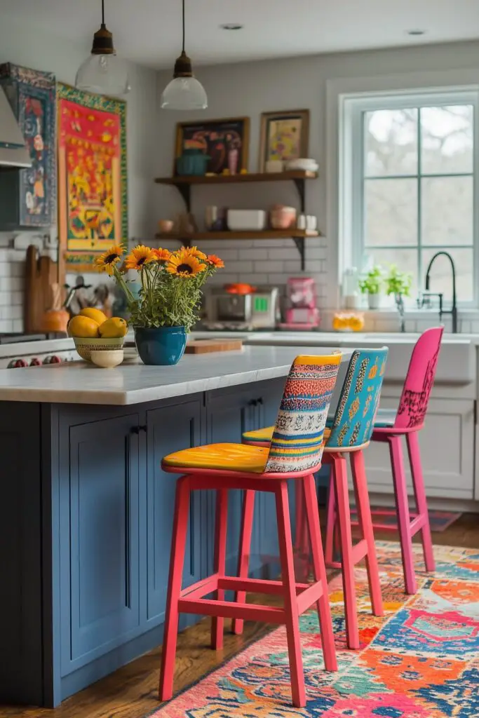 A bright and cheerful kitchen with a blue island, topped with a vase of sunflowers. The colorful, patterned bar stools and vibrant decor on the walls add to the lively, eclectic atmosphere of the space.