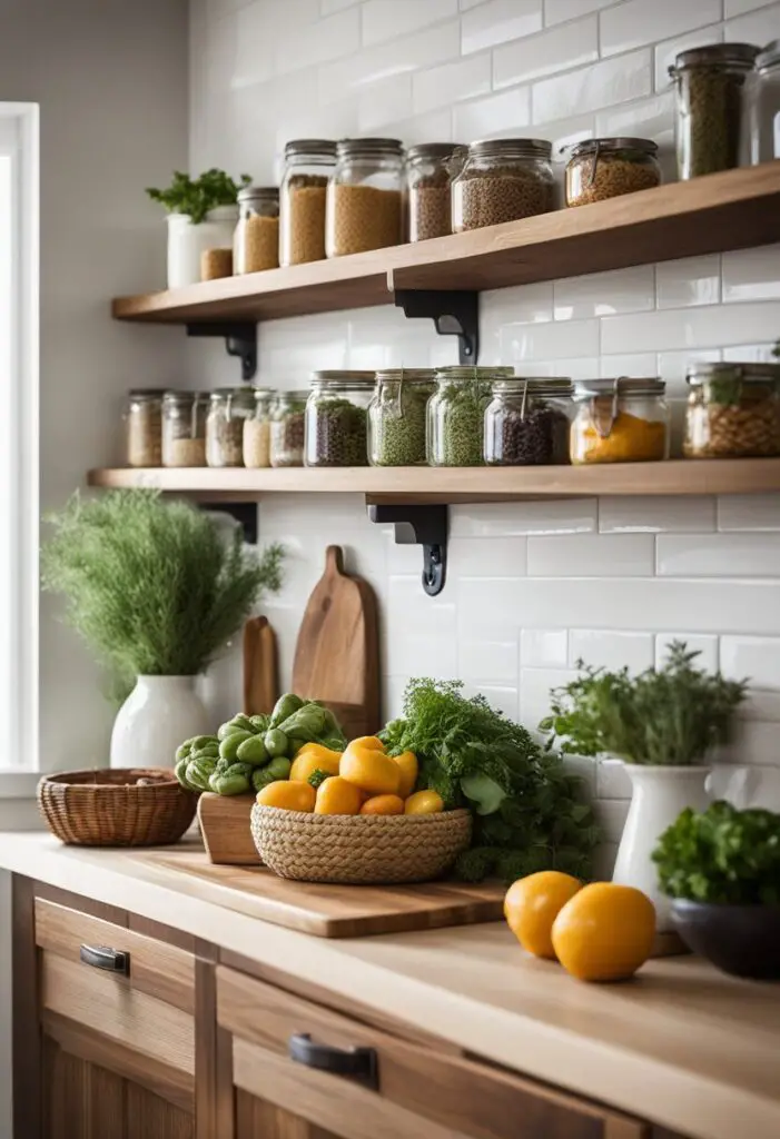 A kitchen counter with baskets of vegetables and herbs. Open wooden shelving above the counter.