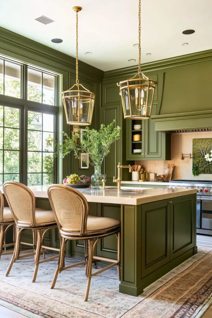 Elegant kitchen with olive green cabinetry, brass lantern pendant lights, rattan barstools, and a marble island, showcasing a warm, inviting design.