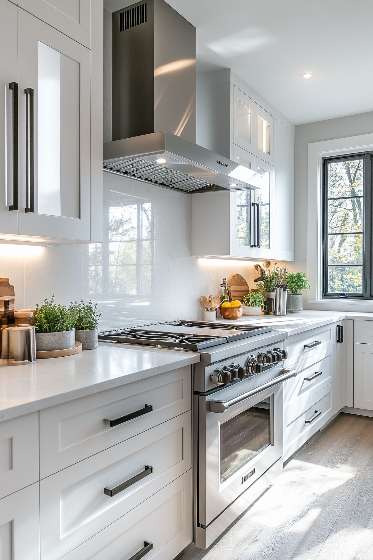 A sleek and modern kitchen with white cabinetry, stainless steel appliances, and a bright, airy atmosphere. The countertop is adorned with fresh herbs and wooden utensils, and the space is illuminated by natural light streaming through a nearby window.