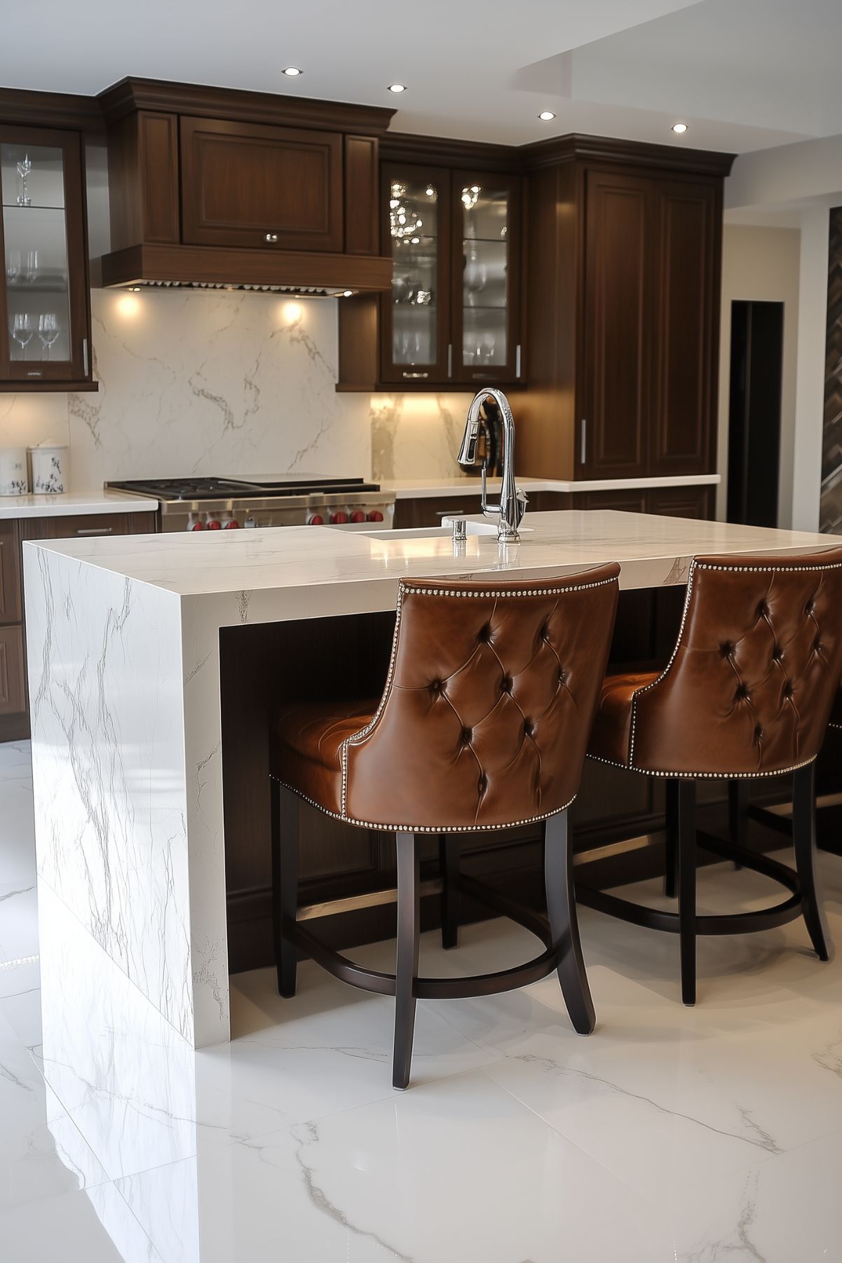 A sophisticated kitchen island with a marble countertop and dark wood cabinetry. Two brown leather tufted bar stools with nailhead trim are positioned at the island, creating a warm, inviting space that contrasts with the sleek, modern design.