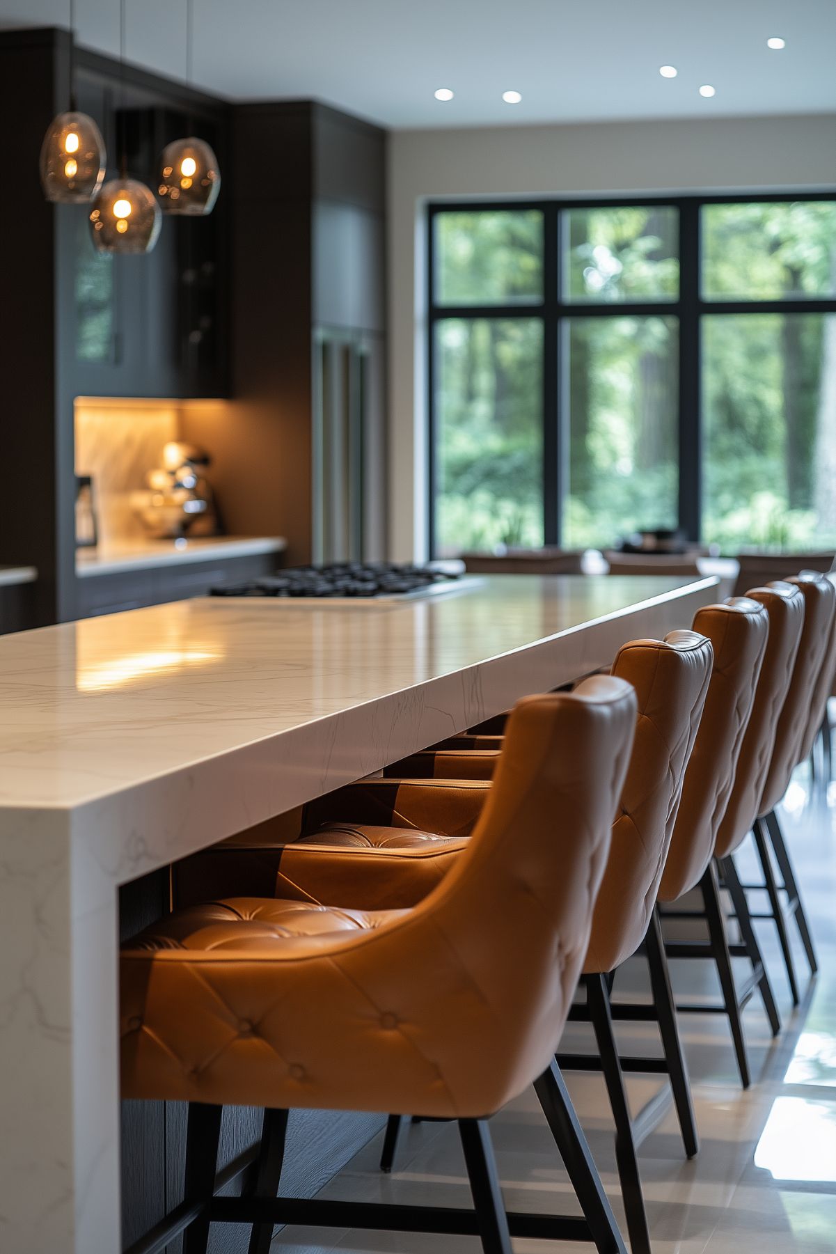 A modern kitchen with a long, white marble island featuring brown leather bar stools with tufted backs. The island is positioned in front of a large window, offering a view of the outdoors, and the kitchen has a cozy, yet contemporary ambiance with dark cabinetry and soft lighting.