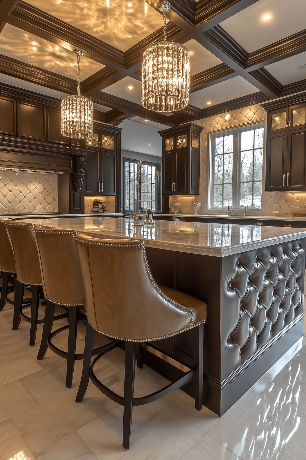 A luxurious kitchen with a large island featuring a tufted leather front panel and a polished quartz countertop. The space is adorned with rich dark wood cabinetry, crystal chandeliers, and brown leather bar stools with nailhead trim, creating a sophisticated and opulent atmosphere.