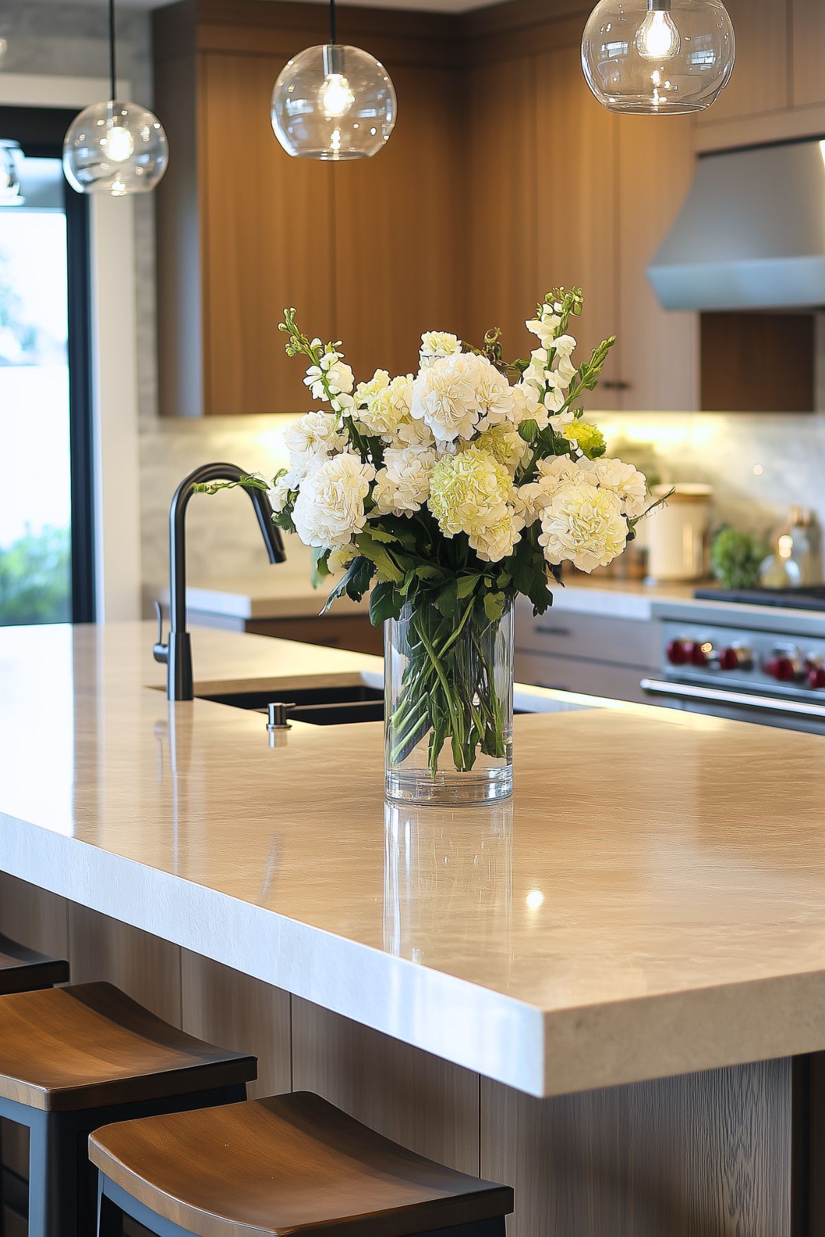 A modern kitchen with a large white quartz island, featuring a vase of white and pale yellow flowers. The kitchen has warm wood cabinetry, globe pendant lights, and sleek bar stools, offering a contemporary and inviting space.