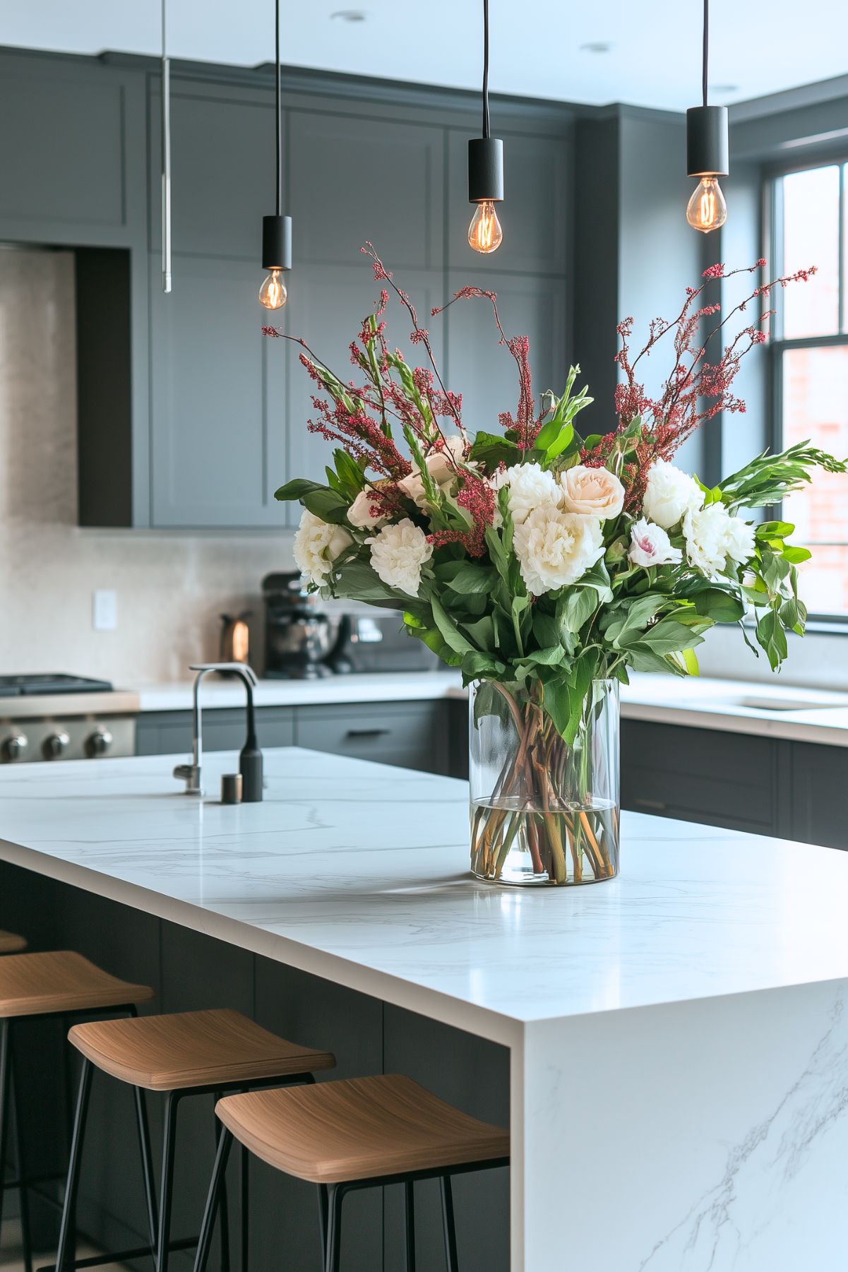 A modern kitchen with a large white quartz island, topped with a tall glass vase filled with a bouquet of white and red flowers. The kitchen features dark cabinetry, black pendant lighting, and sleek bar stools, creating a contemporary and elegant atmosphere.