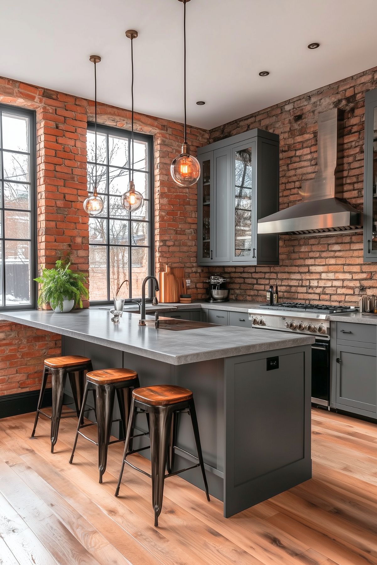 An industrial-style kitchen with exposed brick walls, large windows, and a gray quartz countertop. The kitchen includes black cabinetry, wooden bar stools, and globe pendant lights, blending rustic charm with modern functionality.