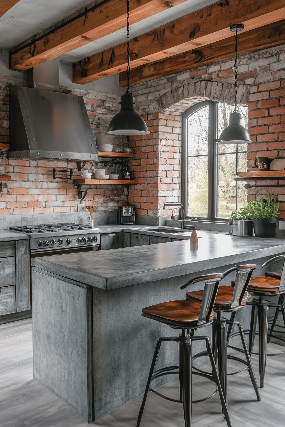 A rustic kitchen with a gray quartz countertop and exposed wooden beams. The kitchen features exposed brick walls, metal industrial-style lighting, and metal bar stools with wooden seats, offering a cozy and industrial vibe.