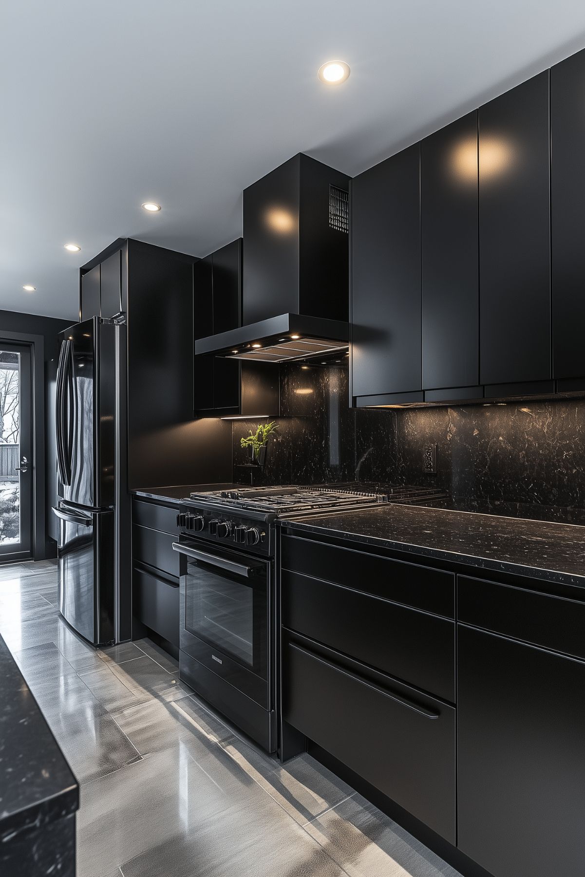 A sleek, modern kitchen with black cabinetry and black quartz countertops with subtle veining. The space is illuminated by recessed lighting and natural light from a nearby window, creating a minimalist and sophisticated atmosphere.