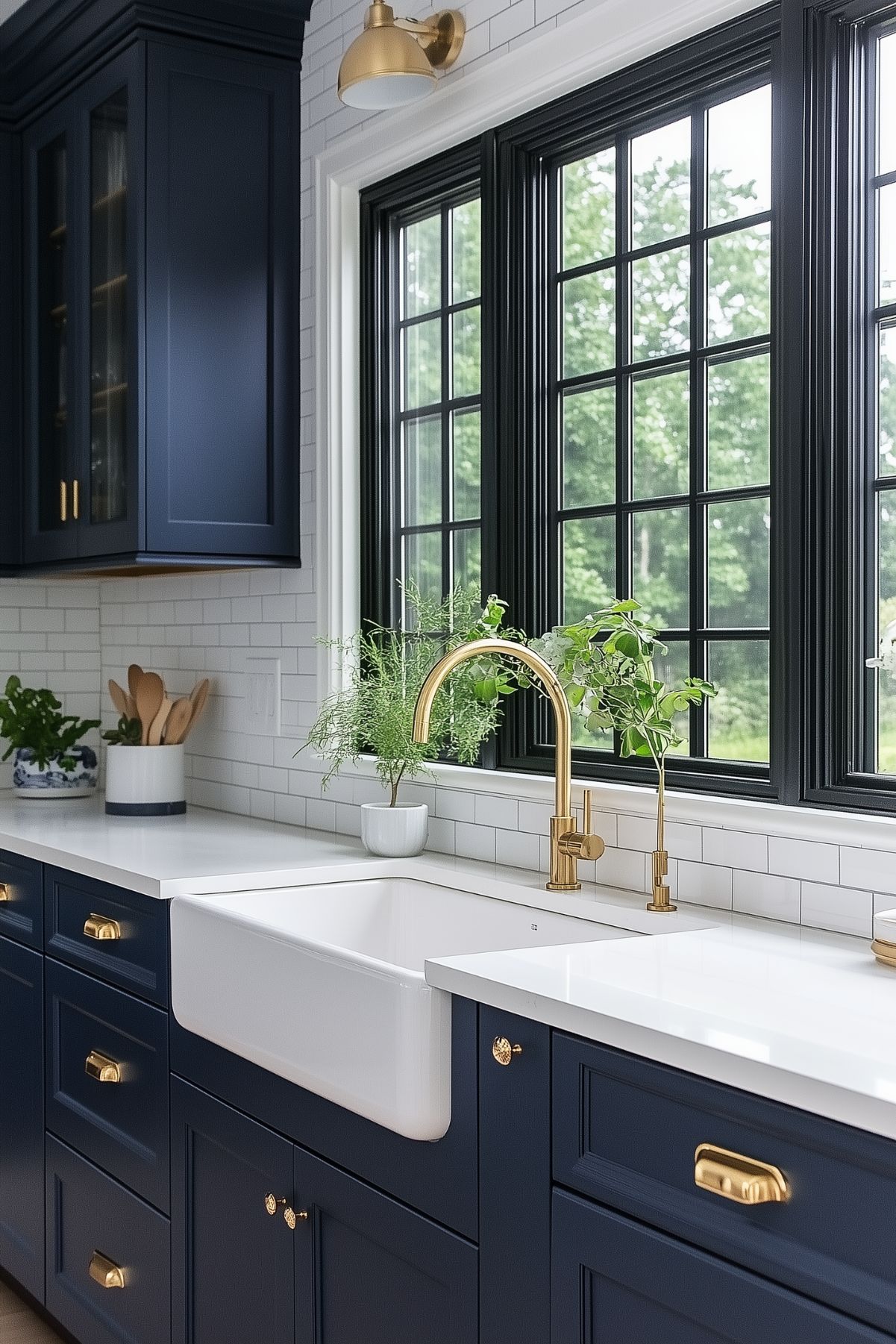 A bright kitchen with dark blue cabinetry, a white farmhouse sink, and gold fixtures. The quartz countertop is clean and modern, and the space is illuminated by natural light coming through black-framed windows. Potted herbs add a touch of greenery to the countertop.