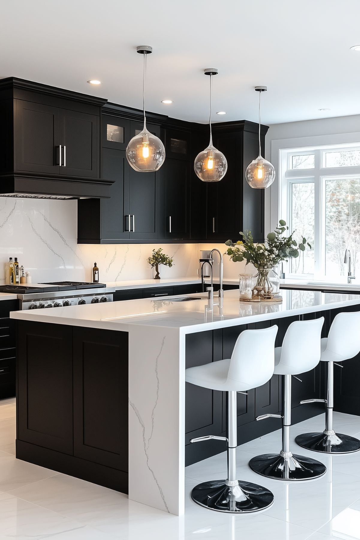 A modern kitchen with a black and white color scheme. The island features a white quartz waterfall countertop, accompanied by sleek white bar stools. Black cabinetry contrasts with the white surfaces, and the space is lit by globe pendant lights hanging above the island.