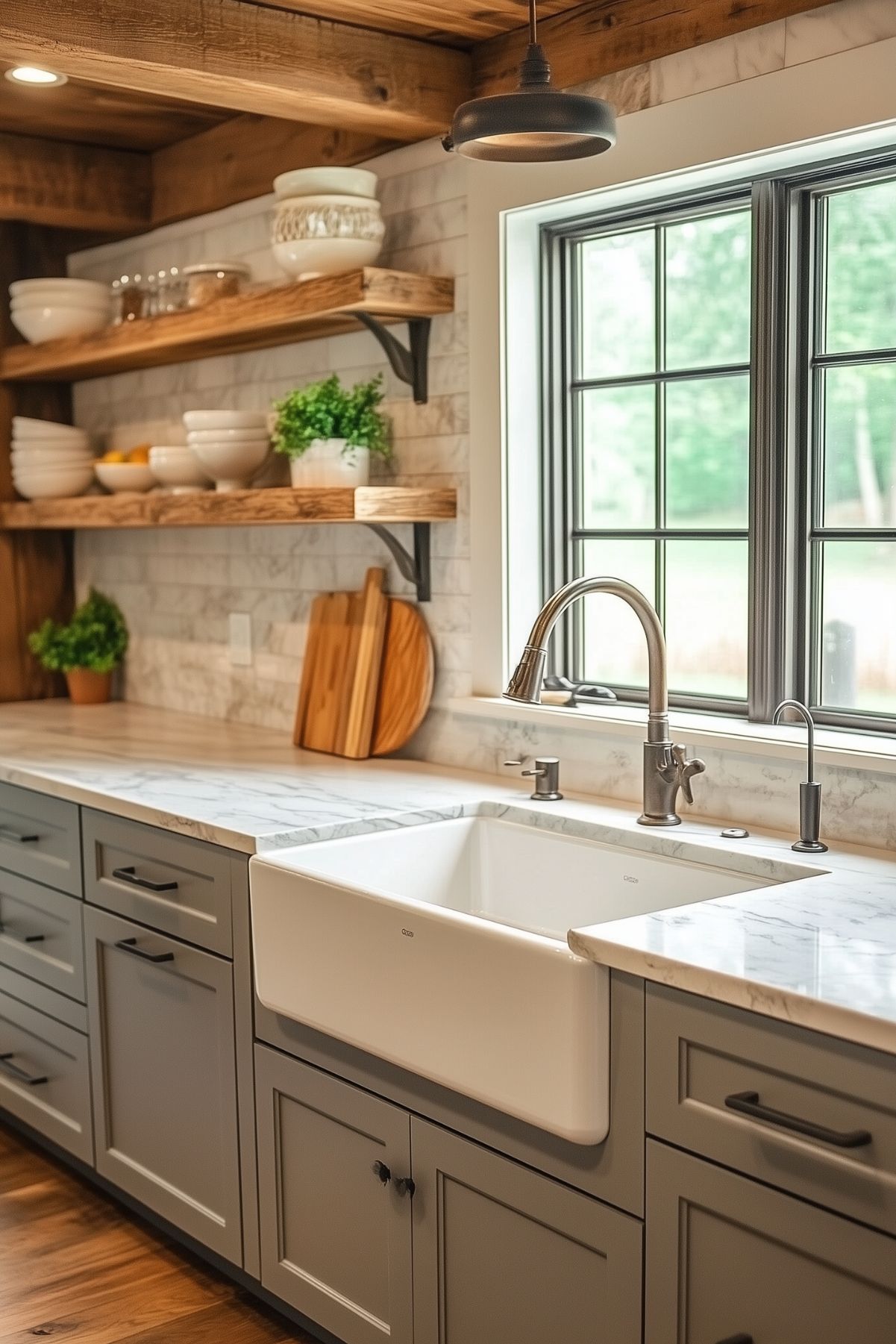 A cozy, rustic kitchen featuring a farmhouse sink, gray cabinetry, and open wooden shelves adorned with bowls and plants. The countertop is made of white quartz with subtle veining, and the space is warmly lit by a pendant light above the sink.