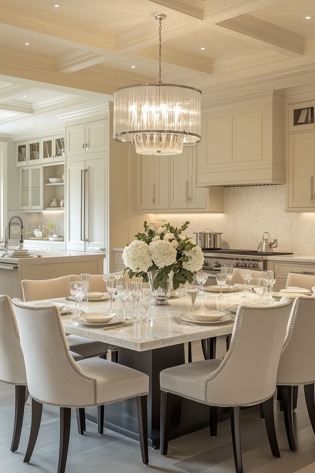 A luxurious kitchen dining area with a large, rectangular marble dining table, surrounded by cream-colored upholstered chairs. A crystal chandelier hangs above the table, and the background features an elegant kitchen with cream cabinetry and modern stainless steel appliances.