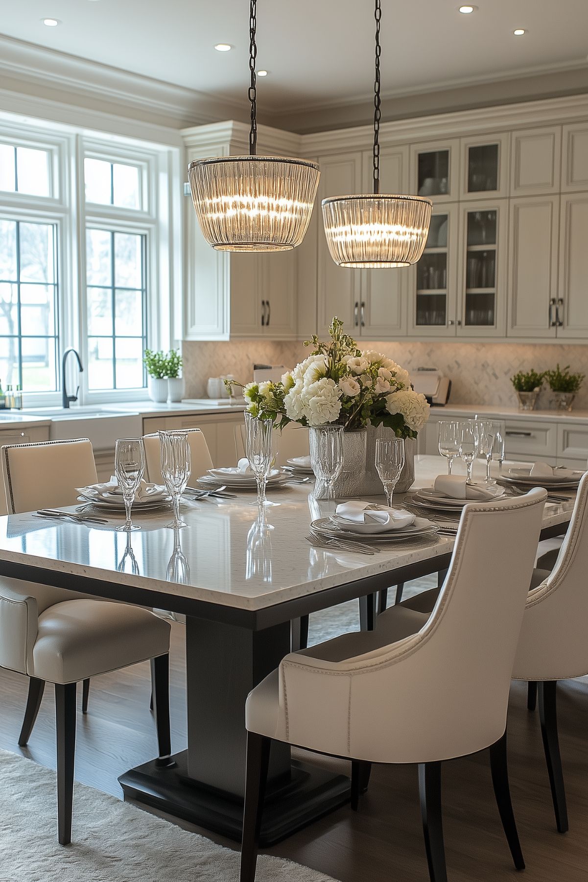 A bright and elegant kitchen dining area with a white quartz-topped table, surrounded by cream-colored upholstered chairs. Two crystal pendant lights hang above the table, which is set with fine dinnerware and a floral centerpiece. The background shows a classic kitchen with large windows and cream cabinetry.