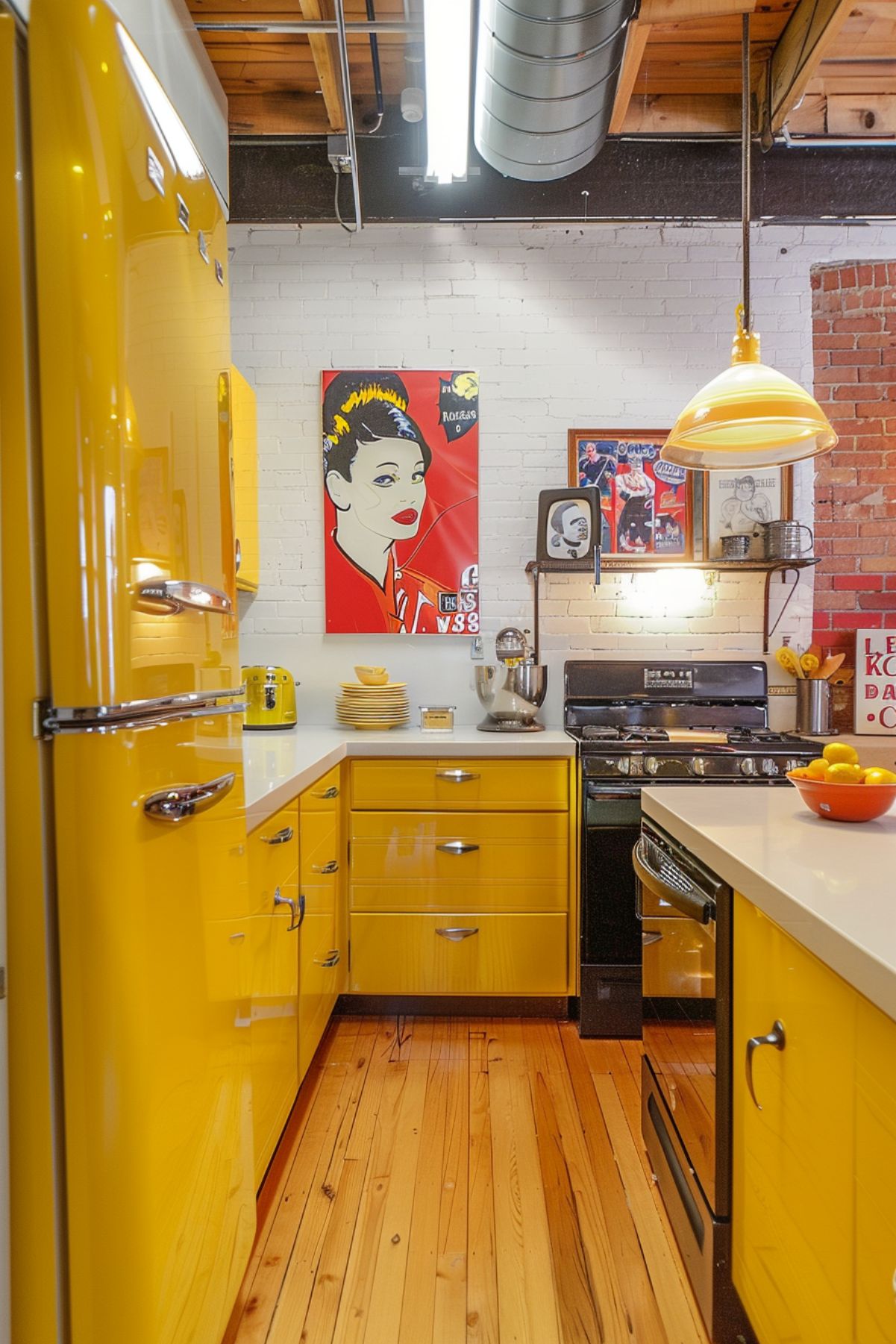 A vibrant retro kitchen with bold yellow cabinets and a mix of industrial and pop art elements. The space features a large yellow refrigerator, colorful pop art posters, and exposed brick walls. The wooden flooring and industrial pendant lighting add warmth and character to this eclectic design.