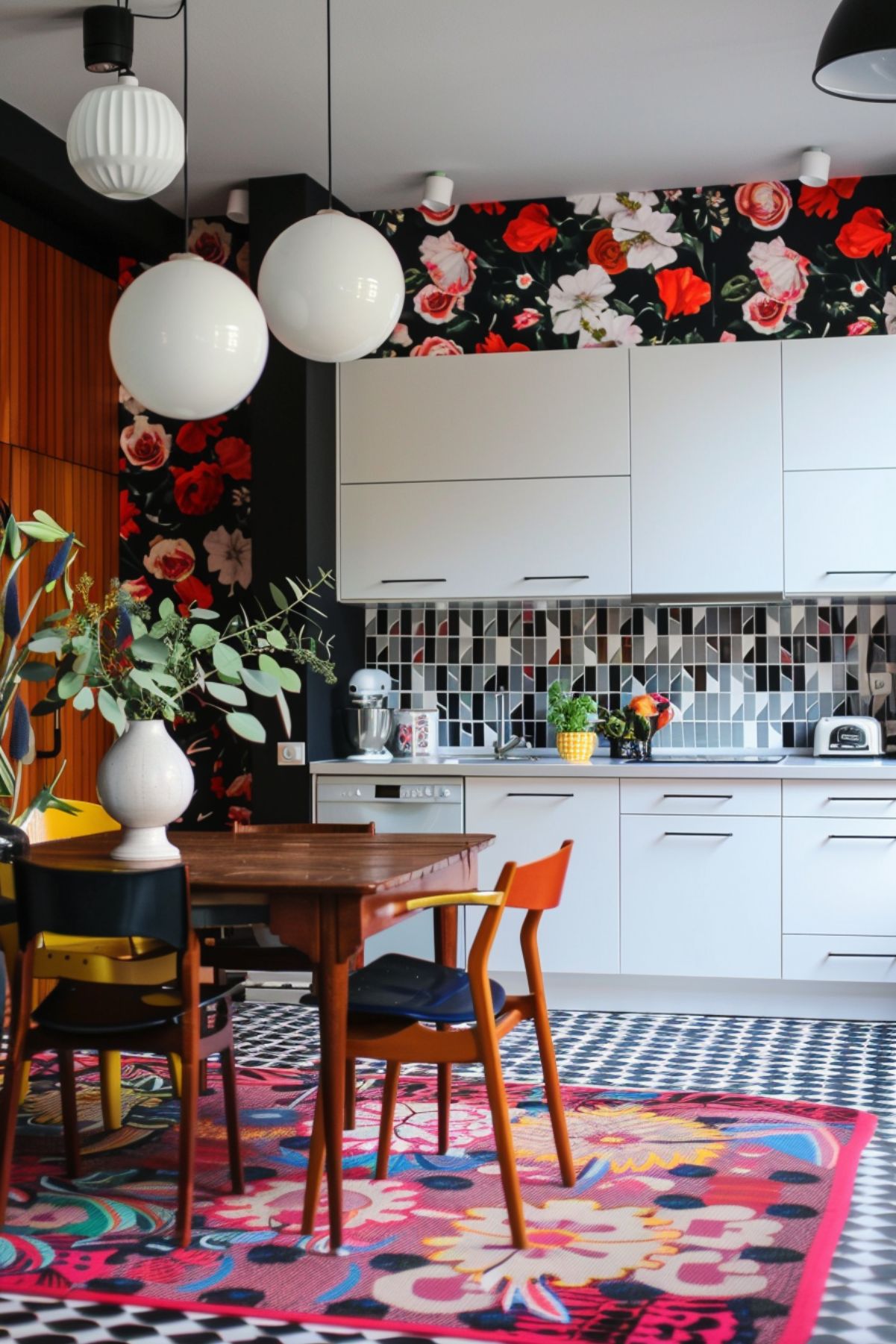 A bold and eclectic kitchen featuring white cabinets and a striking black and white geometric tile backsplash. The space is accented with a dark floral wallpaper in red, pink, and white tones. A large wooden dining table with mismatched chairs, including one in bright orange, sits atop a vibrant patterned rug, creating a lively and inviting atmosphere.