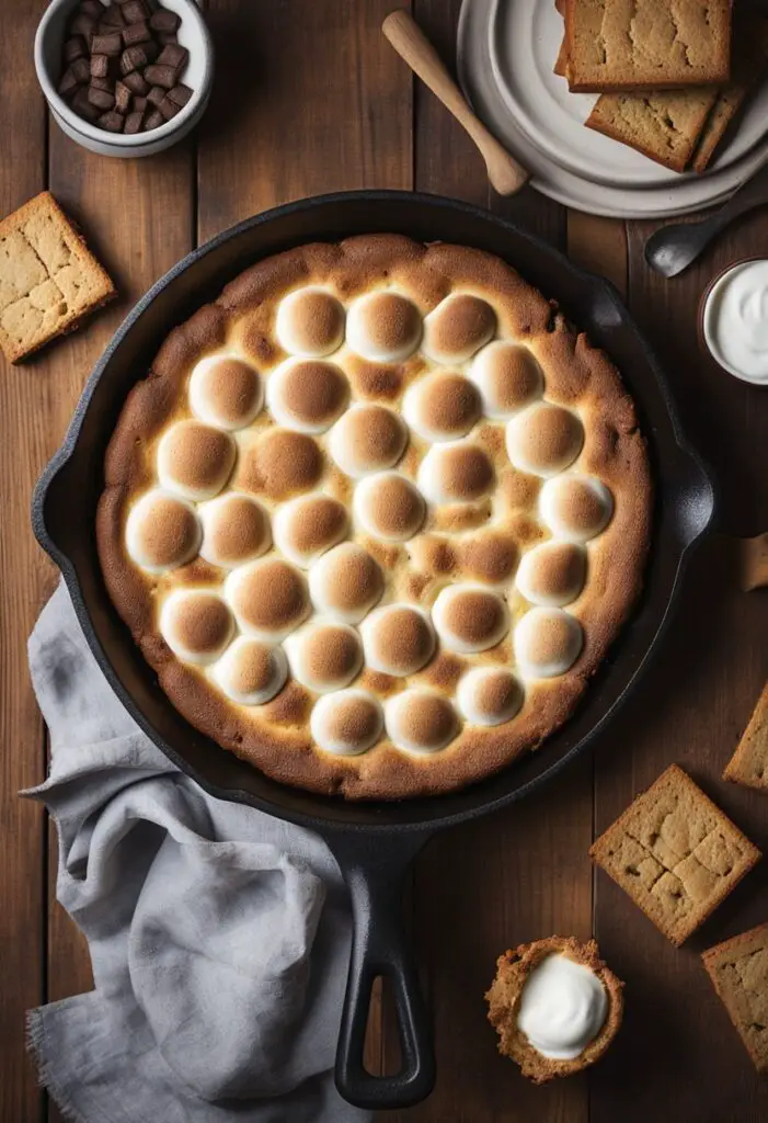 A cast iron skillet sits on a rustic wooden table, filled with surprising desserts like s'mores, upside-down cake, and skillet cookies. A warm, inviting glow emanates from the skillet, creating a cozy and unexpected scene