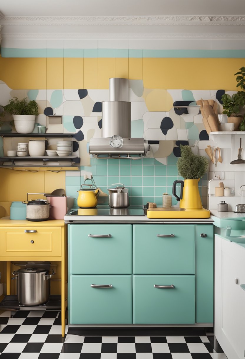 A colorful retro kitchen with checkered floors, bright pastel appliances, and quirky vintage decor. A budget planner and paint swatches are spread out on the counter