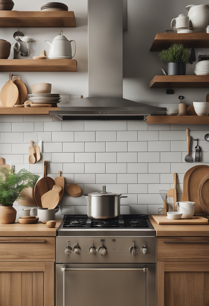 A simple, clutter-free kitchen with natural materials and earthy tones. Vintage appliances and handmade ceramics add character