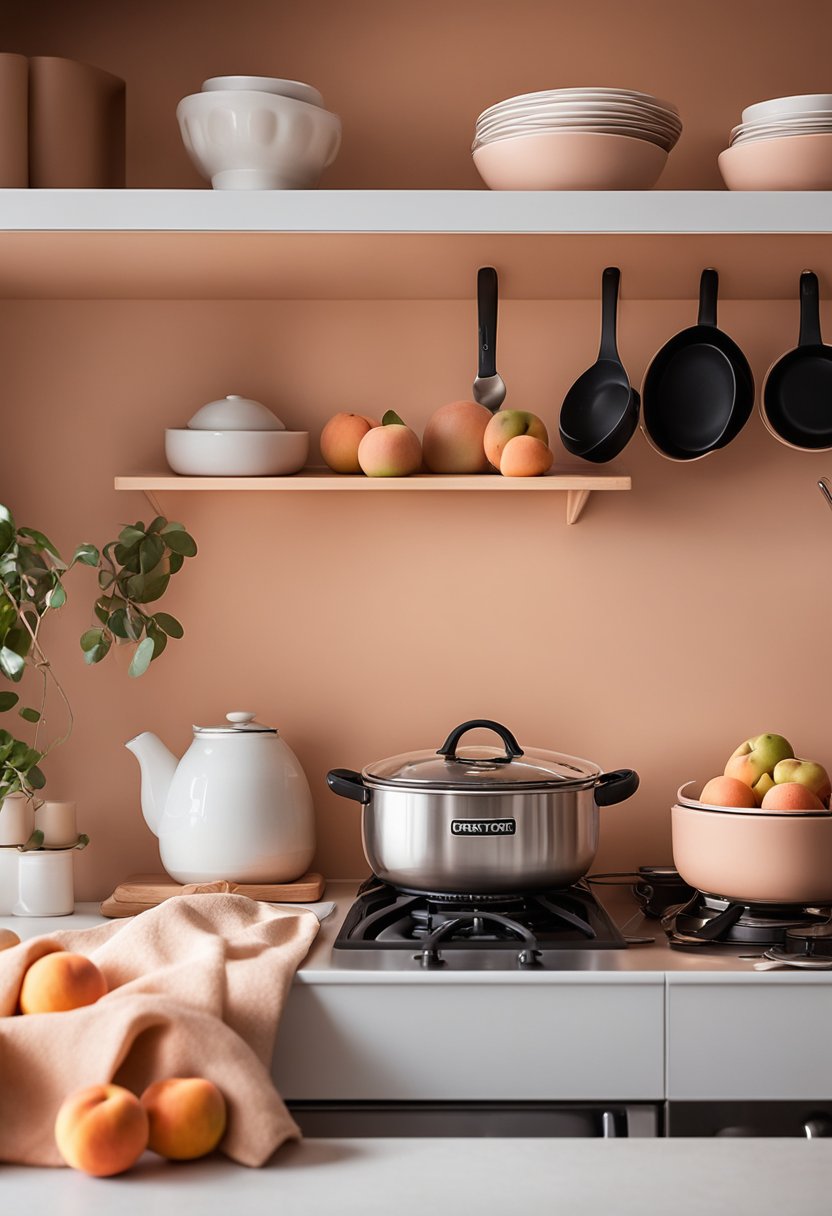 A kitchen wall with open shelving and pans hanging over a stove. The walls are painted peach.