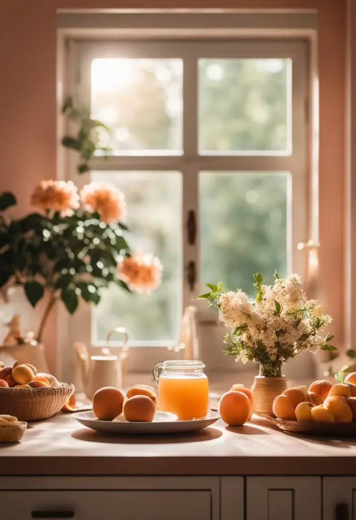 Fresh peaches and a vase of flowers on a kitchen countertop.