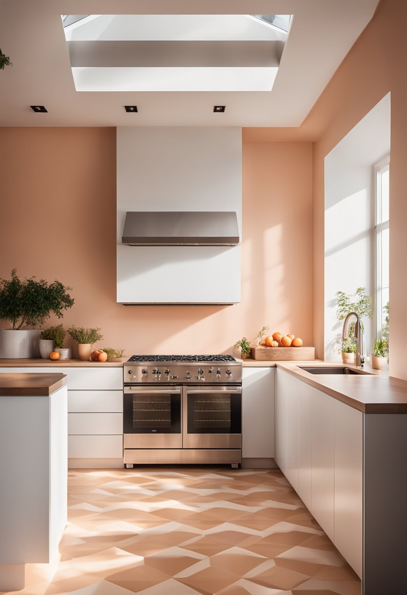 A kitchen with white cabinets, peach walls, and light wood countertops.