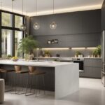 A modern kitchen with sleek quartz countertops, reflecting light and adding a touch of elegance. A family gathers around, enjoying the durability and easy maintenance, while considering the cost