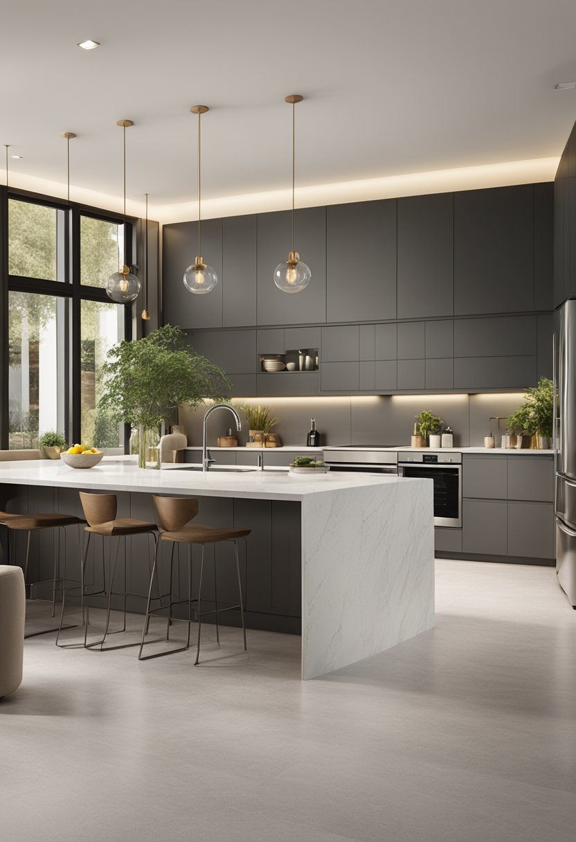 A modern kitchen with sleek quartz countertops, reflecting light and adding a touch of elegance. A family gathers around, enjoying the durability and easy maintenance, while considering the cost