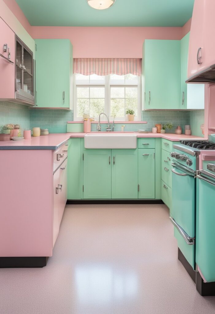 A 1950s kitchen with pastel Formica countertops, chrome appliances, and kitschy decor in shades of pink, mint green, and baby blue