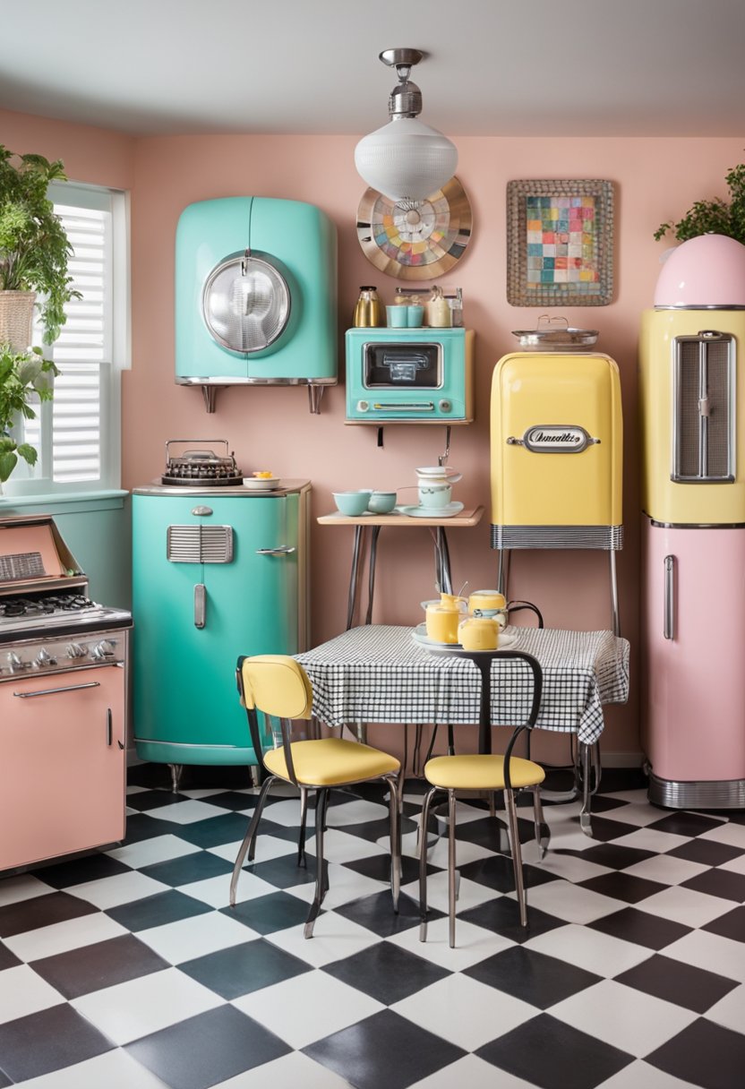 A colorful 1950s kitchen with checkered floors, pastel appliances, and quirky decor. A jukebox plays in the corner as a family gathers around a retro dining table