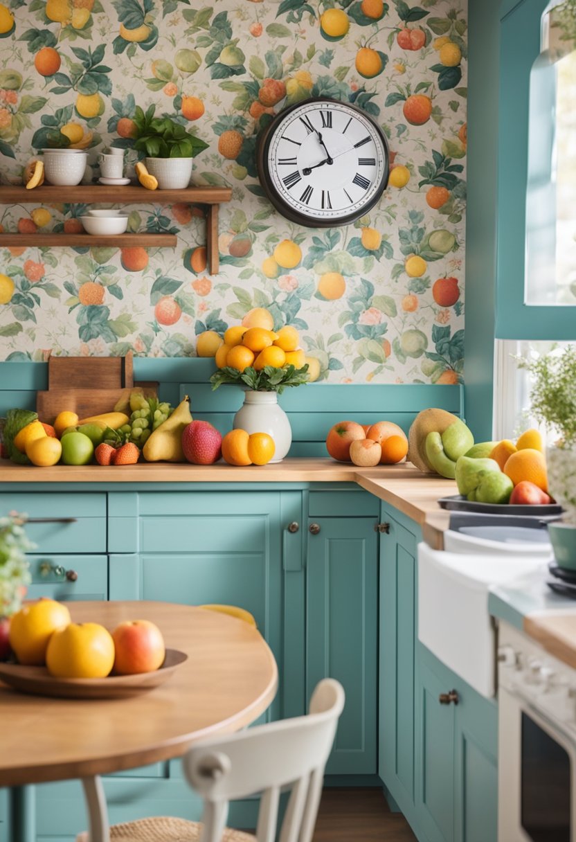 A cozy country kitchen with laminate countertops, floral wallpaper, and retro appliances. A kitschy clock on the wall and a colorful fruit bowl on the table