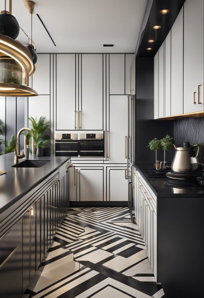 A sleek, geometric kitchen with bold lines and luxurious materials, incorporating elements of Art Deco design such as chrome accents, geometric patterns, and rich, contrasting colors